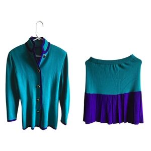 Vtg 80s Authentic Made In Usa Jewel Tone Knit Power Suit Teal & Royal Purple